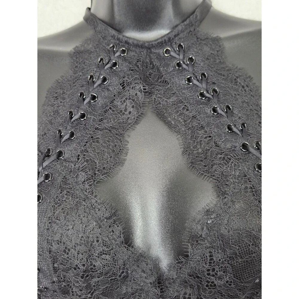 Victorias Secret Very Sexy Halter Keyhole Sheer Black XL Lace Up Goth Grunge Top - Picture 3 of 8